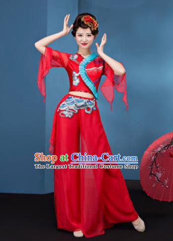 Traditional Chinese Folk Dance Yangko Stage Show Clothing Group Fan Dance Red Veil Costume for Women