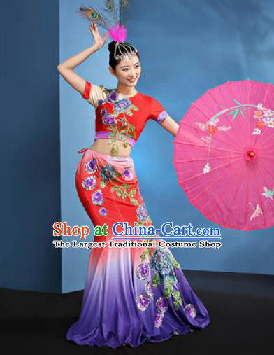 Traditional Chinese Dai Nationality Folk Dance Red Dress National Ethnic Peacock Dance Costume for Women