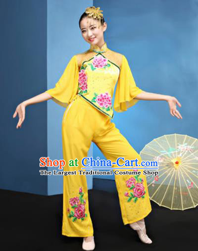 Traditional Chinese Folk Dance Yangko Stage Show Clothing Group Fan Dance Yellow Costume for Women