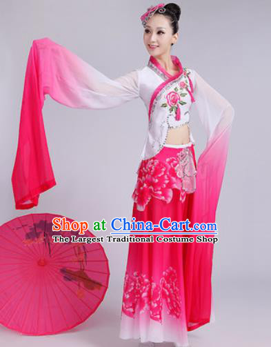 Chinese Traditional Umbrella Dance Rosy Dress Classical Lotus Dance Stage Performance Costume for Women