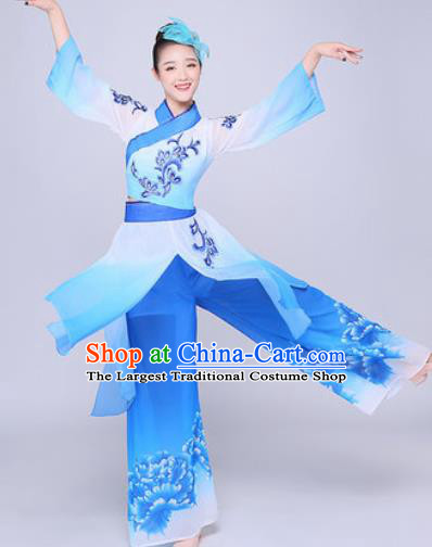 Chinese Traditional Folk Dance Group Dance Blue Clothing Yangko Fan Dance Costume for Women