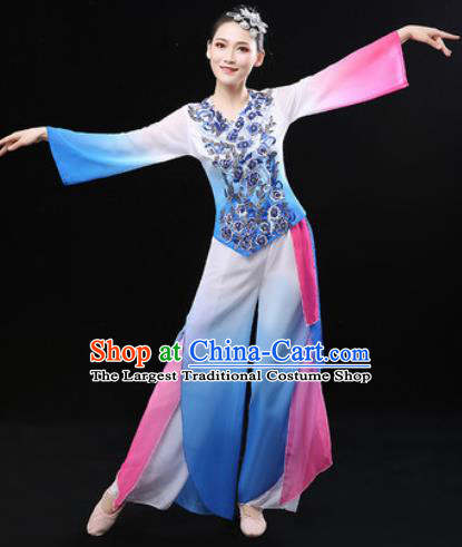 Chinese Traditional Fan Dance Blue Clothing Folk Dance Group Yangko Dance Stage Performance Costume for Women