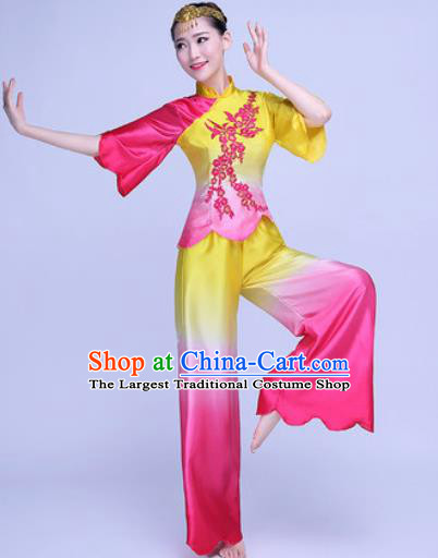 Traditional Chinese Folk Dance Rosy Silk Clothing Yangko Dance Costume for Women