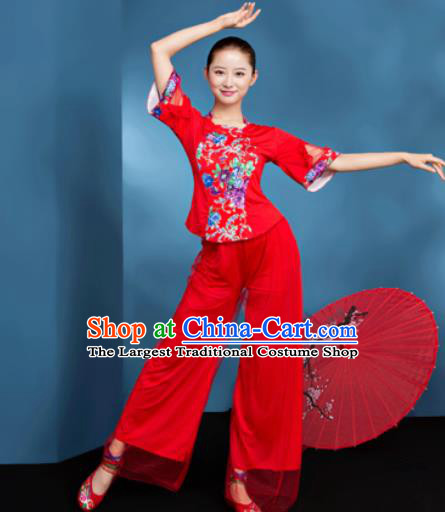 Traditional Chinese Folk Dance Fan Dance Red Clothing Yangko Dance Costume for Women