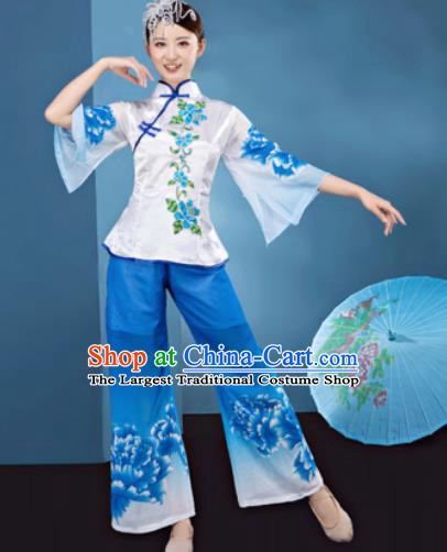 Traditional Chinese Folk Dance Stage Show Clothing Yangko Dance Printing Peony Blue Costume for Women