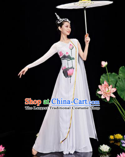 Chinese Traditional Umbrella Dance Printing Lotus Dress Classical Dance Stage Performance Costume for Women