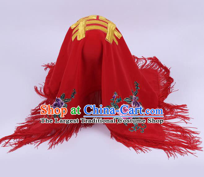 Chinese Traditional Peking Opera Bride Red Head Cover Classical Beijing Opera Headwear for Women