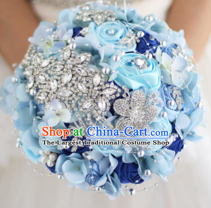 Top Grade Wedding Bridal Bouquet Hand Blue Roses Tied Bouquet Flowers for Women