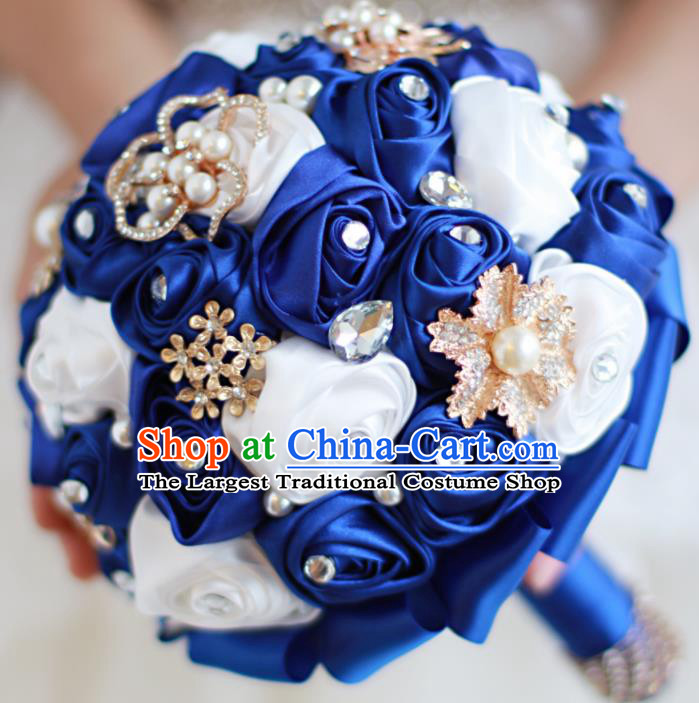 Top Grade Wedding Bridal Bouquet Hand Emulational Royal Blue Roses Tied Bouquet Flowers for Women