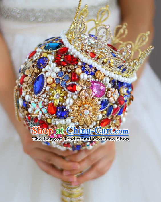 Top Grade Wedding Bridal Bouquet Hand Colorful Crystal Ball Tied Bouquet Flowers for Women