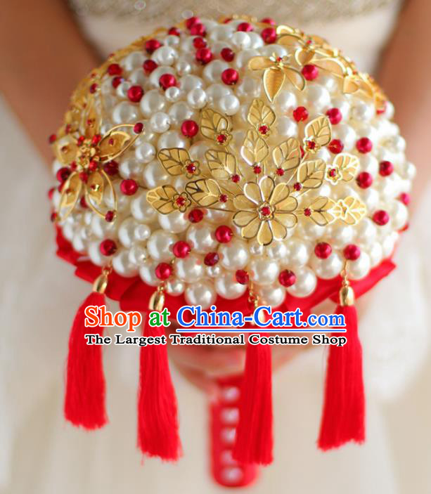 Top Grade Wedding Bridal Bouquet Hand Pearls Ball Tied Bouquet Flowers for Women