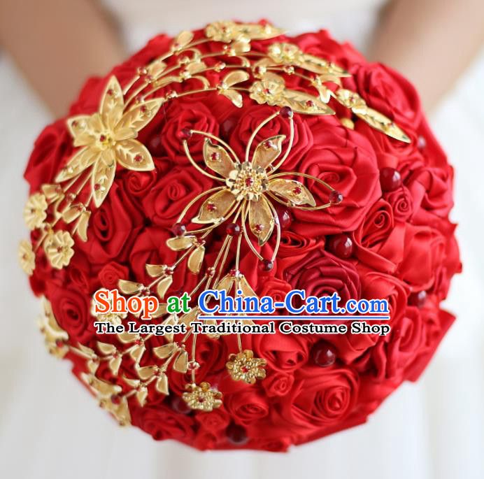 Top Grade Wedding Bridal Bouquet Hand Emulational Red Roses Ball Tied Bouquet Flowers for Women