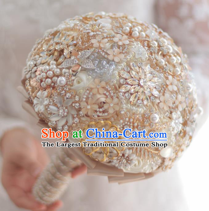 Top Grade Wedding Bridal Bouquet Hand Champagne Crystal Ball Tied Bouquet Flowers for Women