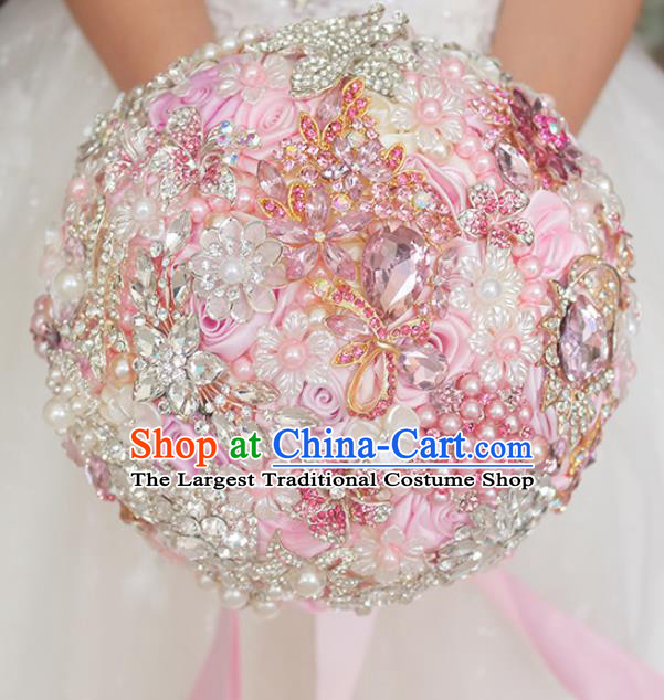 Top Grade Wedding Bridal Bouquet Hand Emulational Crystal Pink Rose Ball Tied Bouquet Flowers for Women