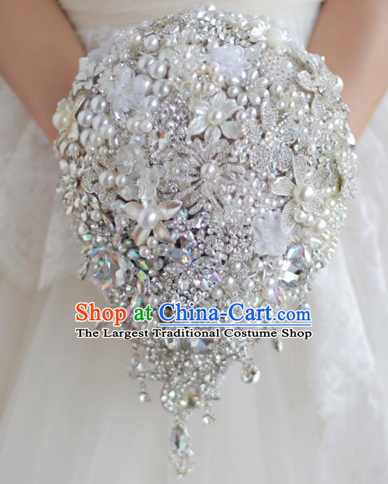 Top Grade Wedding Bridal Bouquet Hand Blue Crystal Beads Bunch for Women