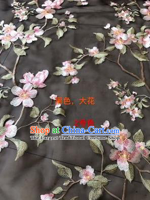 Asian Chinese Embroidered Peach Blossom Pattern Black Silk Fabric Material Traditional Cheongsam Brocade Fabric