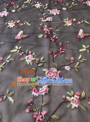 Asian Chinese Embroidered Peach Flowers Pattern Black Silk Fabric Material Traditional Cheongsam Brocade Fabric