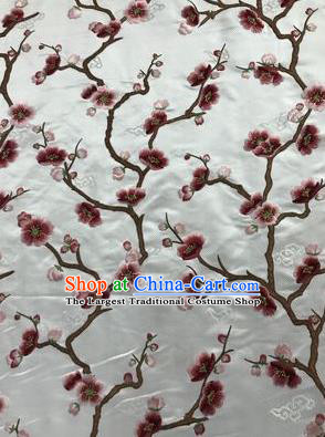 Asian Chinese Suzhou Embroidered Wintersweet Pattern White Silk Fabric Material Traditional Cheongsam Brocade Fabric