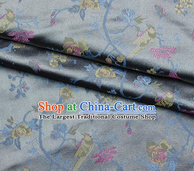 Asian Chinese Royal Flowers Birds Pattern Grey Brocade Fabric Traditional Silk Fabric Kimono Material
