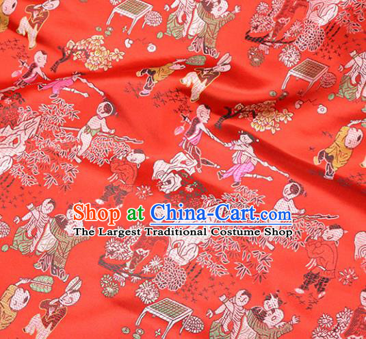 Asian Chinese Royal Hundred Children Pattern Red Brocade Fabric Traditional Silk Fabric Tang Suit Material