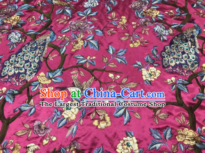 Asian Chinese Suzhou Embroidered Peacock Pattern Rosy Silk Fabric Material Traditional Cheongsam Brocade Fabric