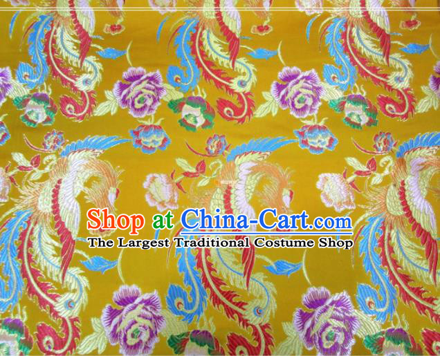 Asian Chinese Traditional Phoenix Peony Pattern Yellow Nanjing Brocade Fabric Tang Suit Silk Material