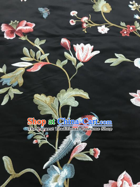 Asian Chinese Suzhou Embroidered Flowers Birds Pattern Black Silk Fabric Material Traditional Cheongsam Brocade Fabric