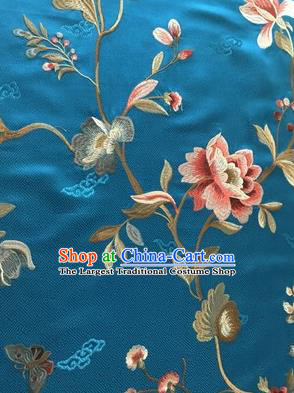 Asian Chinese Suzhou Embroidered Twine Peony Pattern Blue Silk Fabric Material Traditional Cheongsam Brocade Fabric