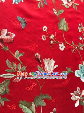 Asian Chinese Suzhou Embroidered Twine Peony Pattern Red Silk Fabric Material Traditional Cheongsam Brocade Fabric