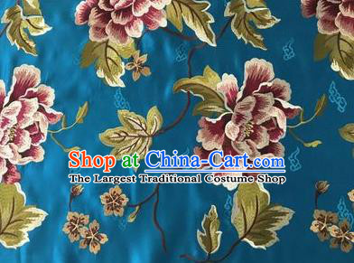 Asian Chinese Traditional Cheongsam Blue Brocade Fabric Suzhou Embroidered Peony Pattern Silk Fabric Material