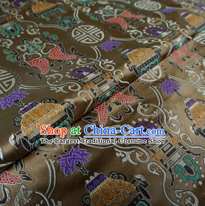 Asian Chinese Classical Fishes Design Pattern Brown Brocade Traditional Cheongsam Satin Fabric Tang Suit Silk Material