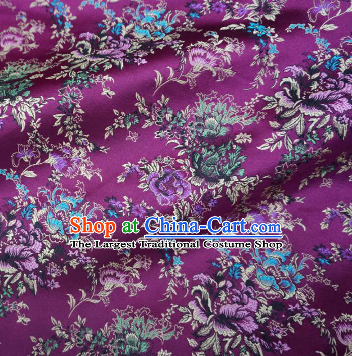 Asian Chinese Classical Peony Design Pattern Purple Brocade Traditional Cheongsam Satin Fabric Tang Suit Silk Material