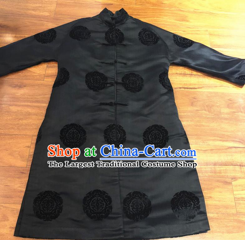 Chinese Traditional Costume National Black Cotton Padded Coat Tang Suit Long Robe for Women