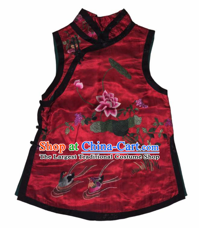 Chinese Traditional Embroidered Lotus Red Silk Qipao Vest National Costume Tang Suit Waistcoat for Women