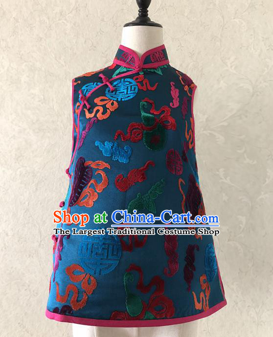 Chinese Traditional Embroidered Blue Silk Qipao Vest National Costume Tang Suit Waistcoat for Women