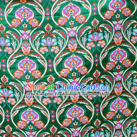 Asian Chinese Classical Tulip Flowers Pattern Green Nanjing Brocade Traditional Tibetan Robe Satin Fabric Silk Material