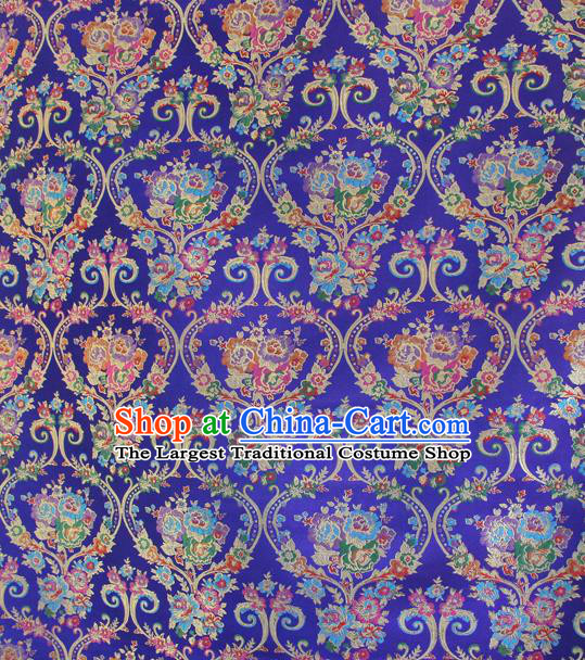 Asian Chinese Classical Flowers Vase Pattern Royalblue Nanjing Brocade Traditional Tibetan Robe Satin Fabric Silk Material