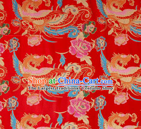 Asian Chinese Classical Phoenix Peony Pattern Red Nanjing Brocade Traditional Tibetan Robe Satin Fabric Silk Material