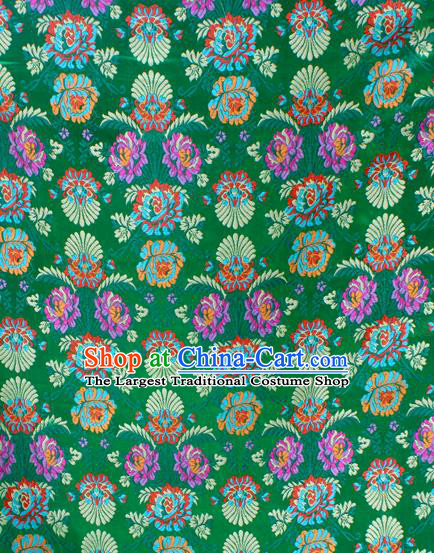 Asian Chinese Classical Flowers Pattern Green Nanjing Brocade Traditional Tibetan Robe Satin Fabric Silk Material