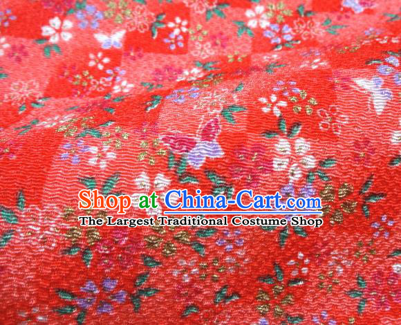 Asian Traditional Classical Butterfly Flowers Pattern Red Tapestry Satin Brocade Fabric Japanese Kimono Silk Material