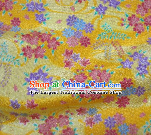 Asian Traditional Classical Oriental Cherry Pattern Yellow Tapestry Satin Brocade Fabric Japanese Kimono Silk Material
