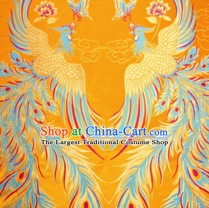 Asian Chinese Classical Phoenix Butterfly Pattern Yellow Brocade Traditional Tibetan Robe Satin Fabric Silk Material