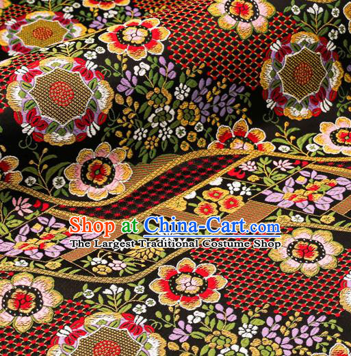 Asian Traditional Classical Flowers Pattern Nishijin Black Brocade Fabric Japanese Kimono Satin Silk Material