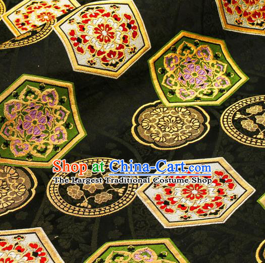 Asian Traditional Classical Tortoiseshell Pattern Nishijin Black Brocade Fabric Japanese Kimono Satin Silk Material