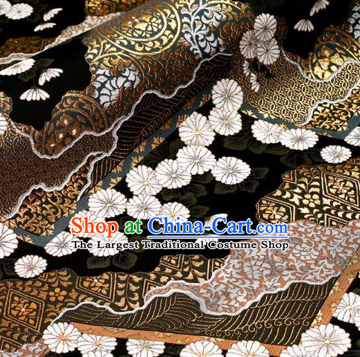 Asian Traditional Classical Daisy Pattern Nishijin Black Brocade Fabric Japanese Kimono Satin Silk Material