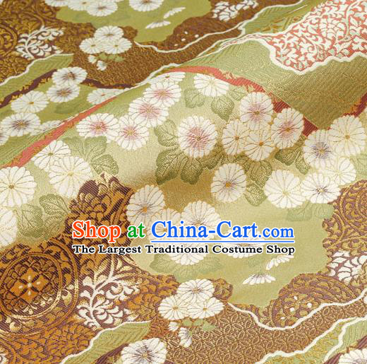 Asian Traditional Classical Daisy Pattern Nishijin Green Brocade Fabric Japanese Kimono Satin Silk Material