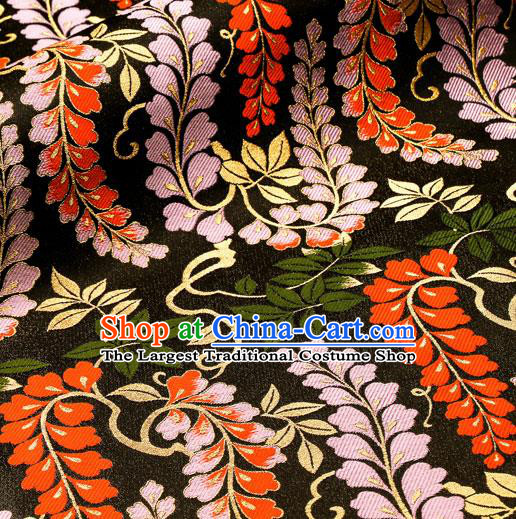 Asian Traditional Classical Wisteria Pattern Nishijin Black Brocade Fabric Japanese Kimono Satin Silk Material