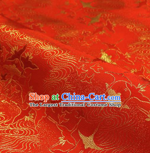 Asian Traditional Classical Crane Pattern Red Tapestry Satin Nishijin Brocade Fabric Japanese Kimono Silk Material