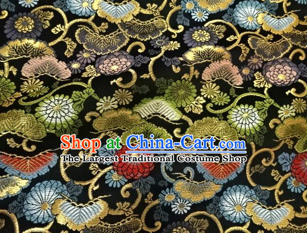 Asian Traditional Classical Chrysanthemum Pattern Black Tapestry Satin Nishijin Brocade Fabric Japanese Kimono Silk Material