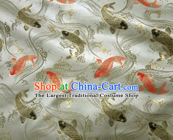 Asian Traditional Classical Carp Pattern White Tapestry Satin Nishijin Brocade Fabric Japanese Kimono Silk Material